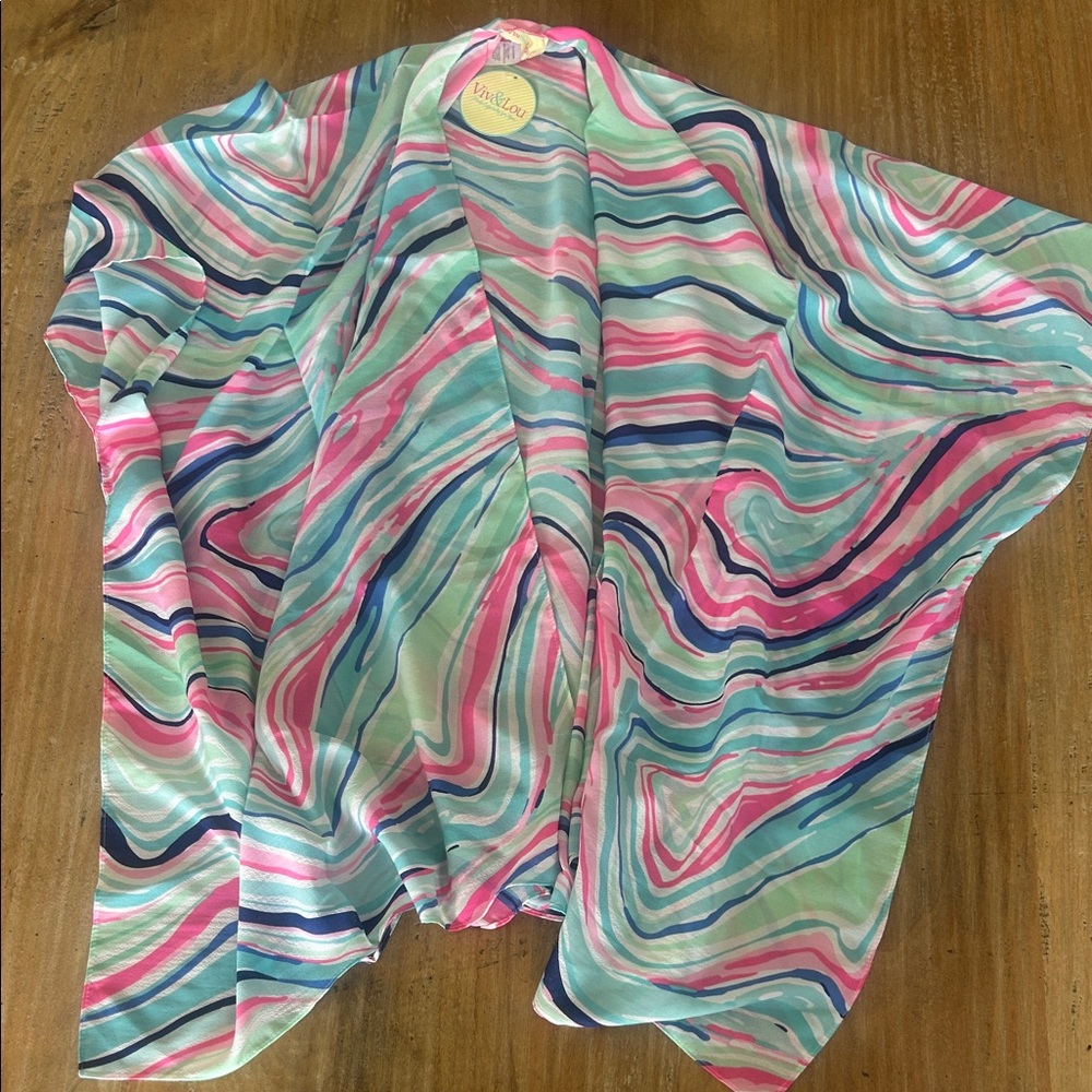 Colorful Sheer Kimono‎ Coverup Pink Blue Green Swirl Pattern One Size OSFM